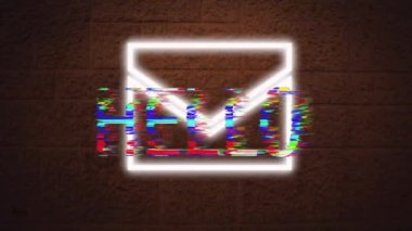 Tuğla duvara karşı neon mesaj ikonu üzerinden merhaba mesajının dijital animasyonu. Sosyal medya ağı ve teknoloji kavramı