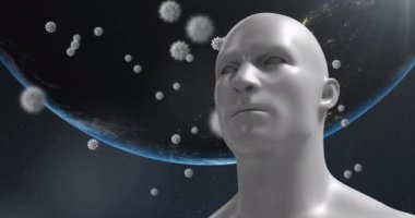 Birçok covid-19 hücrenin dijital animasyonu insan yüzü modelinin üzerinde yüzüyor. Coronavirus covid-19 salgın konsepti