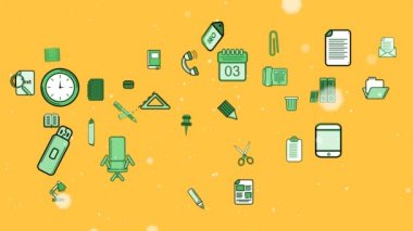 Sarı arka planda birden fazla iş konsepti simgesinin üzerinde süzülen beyaz noktaların dijital animasyonu. iş ve teknoloji kavramı