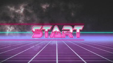 Mor arkaplandaki ızgara ağına karşı neon pankart üzerinden başlangıç metninin dijital animasyonu. Video oyunu arayüzü ve teknoloji kavramı