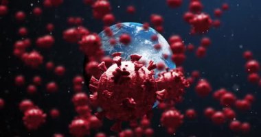 Mavi arka plan üzerinde yüzen çoklu covid-19 hücrelerinin dijital animasyonu. Coronavirus covid-19 salgın konsepti