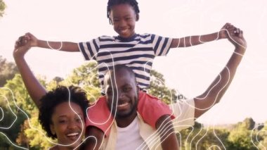 Afrika kökenli Amerikalı babaya karşı topoğrafya parkta oğlunu omuzlarında taşıyor. aile, sevgi ve birliktelik kavramı