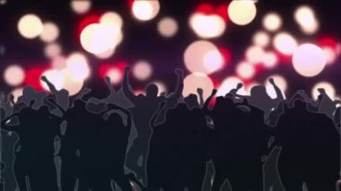 Dans eden insanların siluetine karşı renkli ışık noktalarının dijital animasyonu. gece hayatı ve konser konsepti