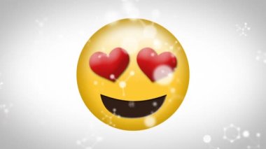Kalbin üzerinde yüzen moleküler yapıların dijital animasyonu gri arka planda emojiye bakıyor. ifade ve iletişim kavramı