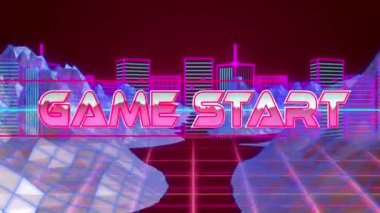 Oyun başlangıcı metni 3d dağ yapıları ve kırmızı zemin üzerindeki neon şehir manzarasına karşı neon pankart üzerinden başlatılıyor. Video oyunu arayüzü ve teknoloji kavramı