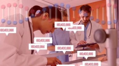 Erkek doktor ve kadın sağlık çalışanlarına karşı DNA yapısının değişmesi raporları kontrol ediyor. Sağlık ve tıbbi teknoloji kavramı