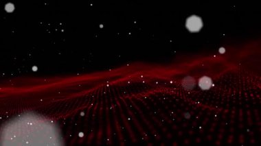 Siyah arkaplanda kırmızı dijital dalgalara karşı yüzen birden fazla beyaz noktanın dijital animasyonu. bilgisayar arayüzü ve teknoloji kavramı