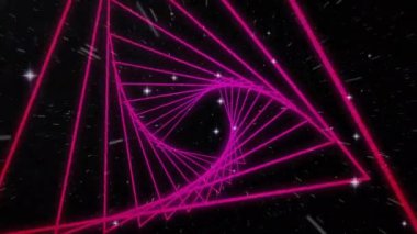 Uzayda parlayan yıldızlara karşı kusursuz bir hareketle dönen üçgen şekillerin dijital animasyonu. doku ve tasarım ile teknoloji arkaplanı