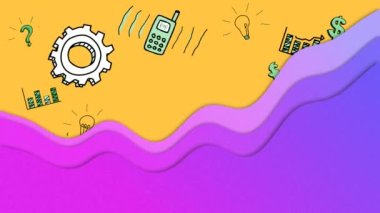 Sarı arka planda birden fazla iş konsepti simgesi üzerine mor sıvı şekilli dijital animasyon. iş ve teknoloji kavramı