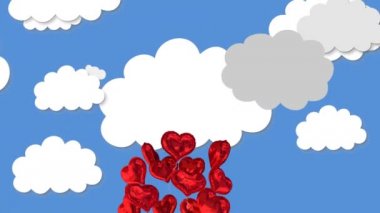 Mavi arka planda birden fazla bulut simgesine karşı yüzen bir grup kırmızı kalp şeklinde folyo balon. Sevgililer Günü Kutlaması ve Aşk Konsepti