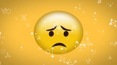 Sarı arka planda üzgün yüz ifadelerinin üzerinde yüzen moleküler yapıların dijital animasyonu. ifade ve iletişim kavramı