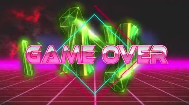 Altın kristaller ve kırmızı şebeke ağına karşı yazılar üzerinden oyunun dijital animasyonu. Video oyunu arayüzü ve teknoloji kavramı