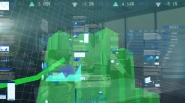 Ofiste VR kulaklık takan Afrikalı Amerikalı iş adamının veri işleme arayüzü. bilgisayar arayüzü ve iş teknolojisi kavramı