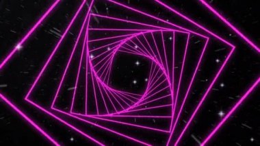 Uzayda parlayan yıldızlara karşı kusursuz bir hareketle dönen kare şekillerin dijital animasyonu. doku ve tasarım ile teknoloji arkaplanı