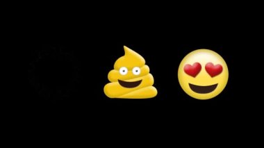 Kalp gözlerinin dijital animasyonu siyah arkaplana karşı emoji ve sarı dışkı ikonuyla karşılaşıyor. ifade ve iletişim kavramı