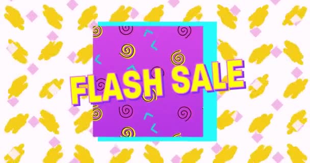 Flash Продажа Текста Фиолетовом Баннере Абстрактных Красочных Фигурах Белом Фоне — стоковое видео