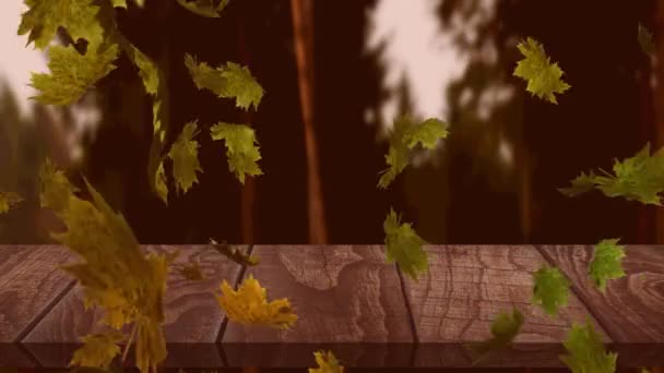 Digital Animation Multiple Autumn Leaves Floating Wooden Surface Forest Autumn — Stock Video