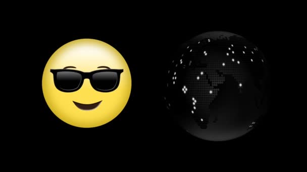 Animação Digital Rosto Usando Emoji Óculos Sol Ícone Globo Giratório — Vídeo de Stock