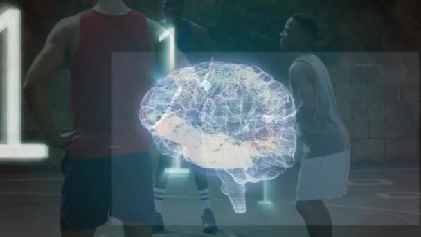 Kod Binarny Nad Wirującym Modelem Ludzkiego Mózgu Przeciwko Grupie Mężczyzn — Wideo stockowe