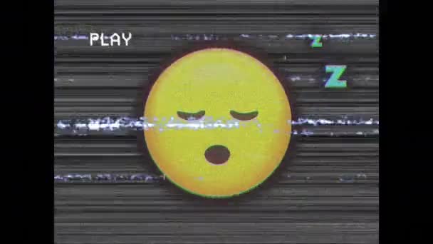 Digitale Animatie Van Vhs Glitch Effect Slapende Gezicht Emoji Tegen — Stockvideo