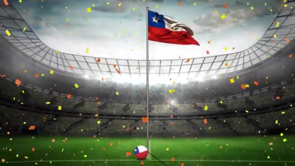 Confettis Tombant Sur Drapeau Chili Agitant Contre Stade Sportif Arrière — Video