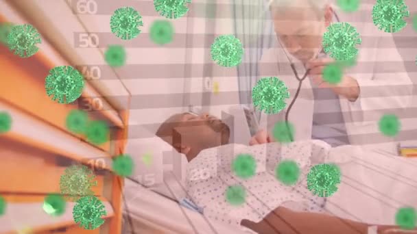 病院で患者を検査する男性医師に対するCovid 19細胞および統計データ処理 医療と医療技術の概念は — ストック動画