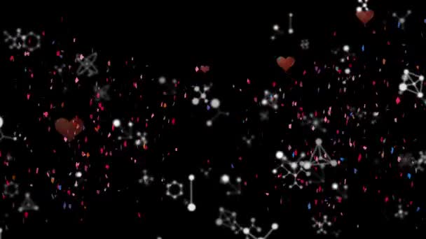 Kırmızı Kalp Ikonlarının Düşmesine Karşı Kimyasal Yapıların Üzerine Düşen Konfetilerin — Stok video