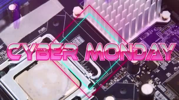 Cyber Monday Text Neon Banner Close Microprocessor Connections Motherboard Sale — Stock Video