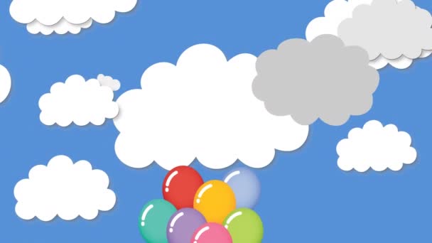 青い背景に雲のアイコンに対して浮動カラフルな風船の束のデジタルアニメーション イベントの装飾とパーティーのお祝いのコンセプト — ストック動画