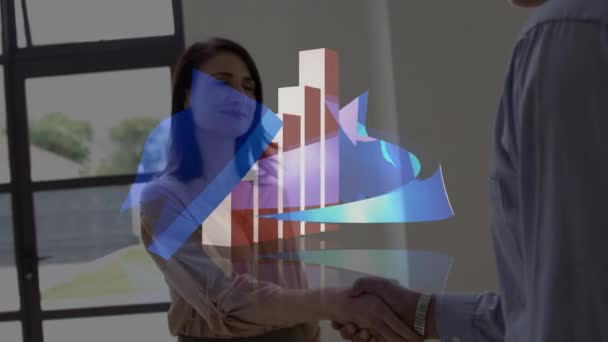 Statisztikai Adatfeldolgozás Kaukázusi Üzletember Üzletasszony Kézfogása Ellen Üzleti Partnerség Technológiai — Stock videók