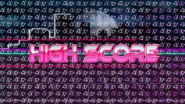 Highscore Text Über Neon Banner Über Abstrakte Formen Nahtlosem Muster — Stockvideo