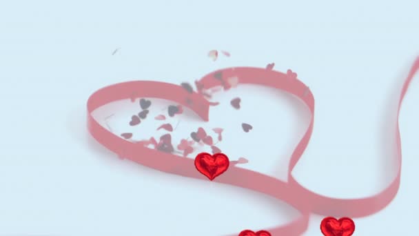 Πολλαπλά Κόκκινα Μπαλόνια Σχήμα Καρδιάς Που Επιπλέουν Ενάντια Πολλαπλές Καρδιές — Αρχείο Βίντεο