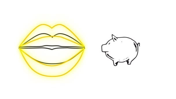 Digitale Animation Neongelber Lippen Und Sparschwein Symbol Vor Weißem Hintergrund — Stockvideo