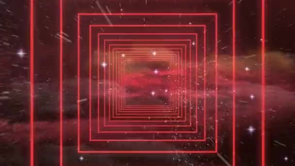 宇宙の輝く星に対してシームレスな動きで赤い正方形の形のデジタルアニメーション テクスチャとデザインの技術的背景 — ストック動画