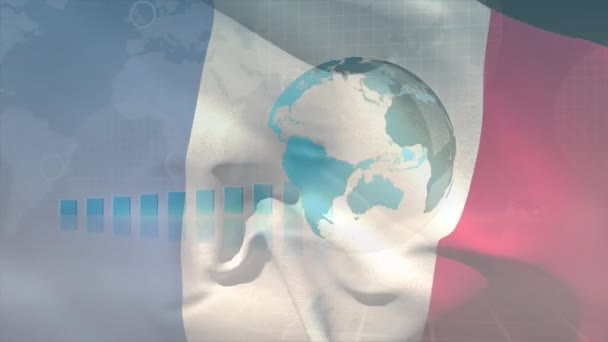 Размахивание Флагом Франции Против Вращающегося Земного Шара Обработки Статистических Данных — стоковое видео