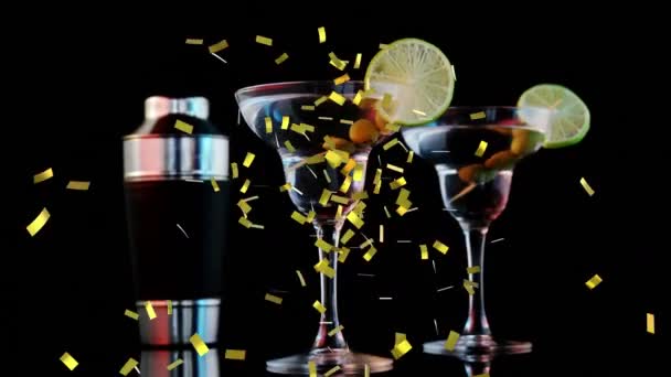 Golden Confetti Falling Ice Cubes Falling Cocktail Glasses Black Background — Stock Video