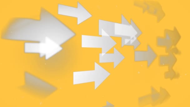 黄色の背景に複数の矢印アイコン上に落ちる白い粒子のデジタルアニメーション 医学研究科学技術の概念は — ストック動画