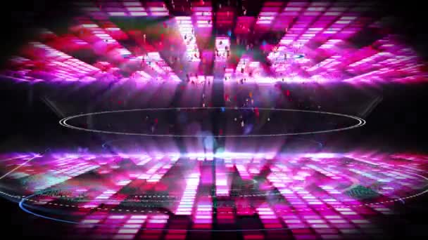 ピンクのモザイクの正方形の上に光のスポットに対して落ちる複数のラウンドスキャナとコンフェッティ ナイトライフとディスコのコンセプト — ストック動画