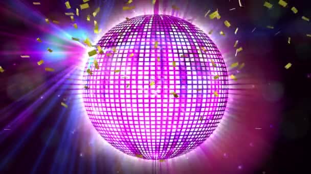 Golden Confetti Falling Shining Purple Disco Ball Spots Light Black — Stock Video