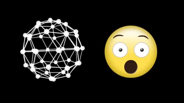 Globo Rede Conexões Girando Emoji Cara Surpreso Contra Fundo Preto — Vídeo de Stock