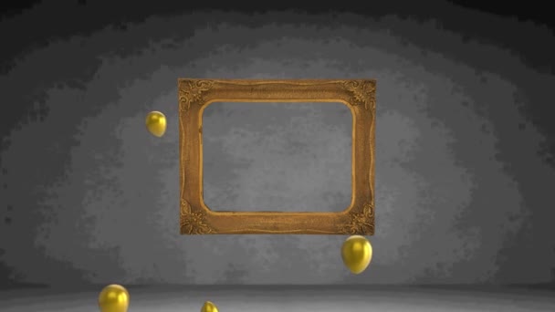 Red Particles Multiple Golden Balloons Floating Frame Grey Background Event — Stock Video