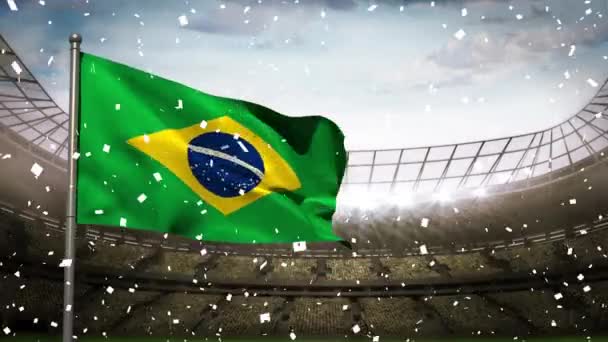 Confetti Caindo Sobre Acenando Bandeira Brasil Contra Estádio Esportes Segundo — Vídeo de Stock