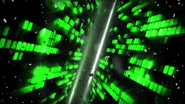 黒を背景に光と緑のディスコライトのスポットに落ちるコンフェッティのデジタルアニメーション ナイトライフとディスコのコンセプト — ストック動画