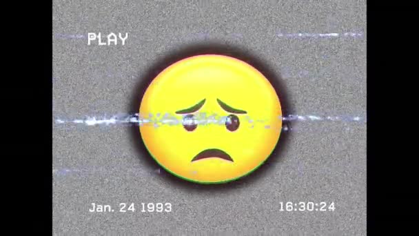 Animazione Digitale Vhs Effetto Glitch Emoji Faccia Triste Sfondo Nero — Video Stock