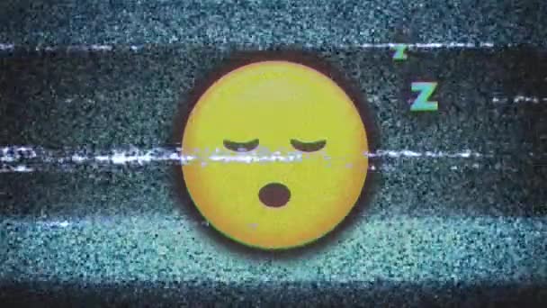 Cyfrowa Animacja Śpiącej Twarzy Emoji Tle Telewizyjnego Efektu Statycznego Szarym — Wideo stockowe