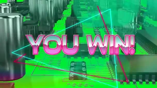 Animation de texte métallique rose que vous gagnez, au-dessus des lignes de néon, sur la carte mère de l'ordinateur vert. jeu vidéo, divertissement et concept d'interface numérique vidéo générée numériquement.