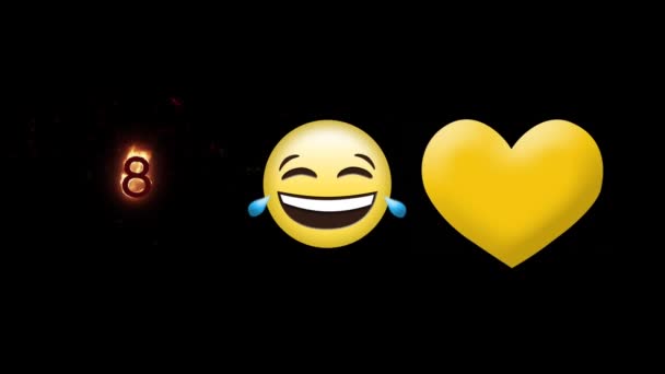 笑脸情调 黄色破碎的心和黑色背景上的第八个火灾图标 表达和交流概念 — 图库视频影像
