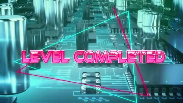 Level Completed Text Neon Triangles Close Microprocessor Connections Motherboard Video — Stock Video