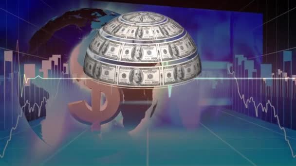 Mavi Arka Planda Istatistiksel Veri Işleme Karşı Dönen Amerikan Dolarları — Stok video