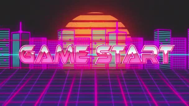Game Start Text Över Neon Banner Mot Nätet Nätverk Och — Stockvideo